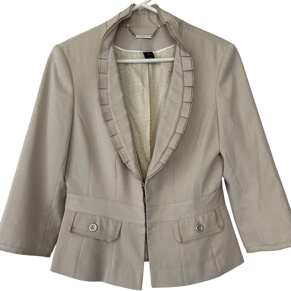 White House Black Market Beige Ruffle Collar Cropped Blazer peplum Jacket prep S